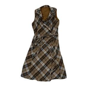 Brown Plaid Sleeveless Autumnal Cowgirl Cottage Collared Dress